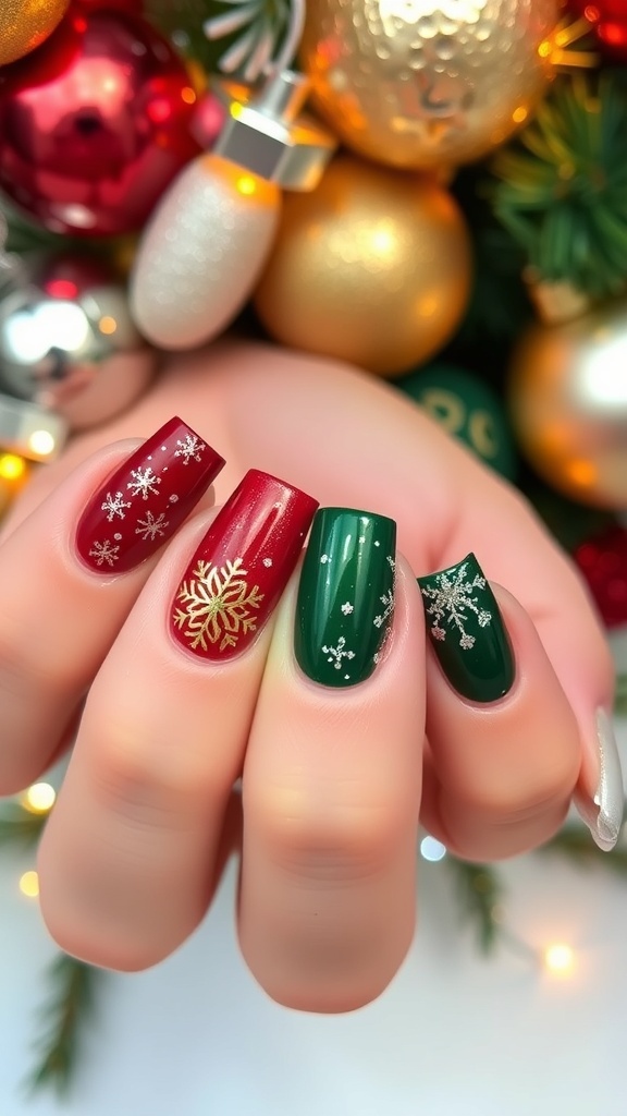 Classy Christmas-themed nails with red and green polish, gold snowflakes, and glitter accents.